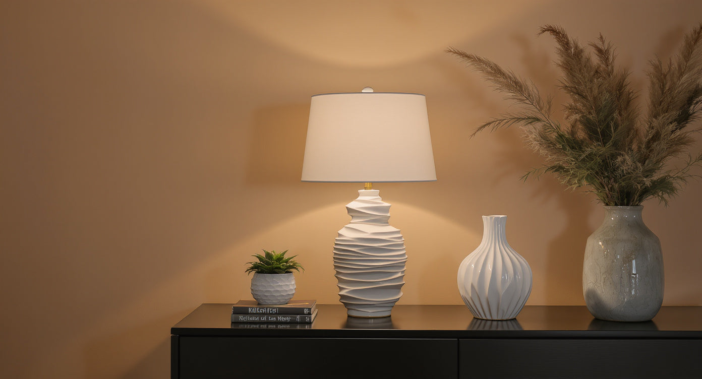 Matching ceramic bedside lamp set on nightstand with soft evening light