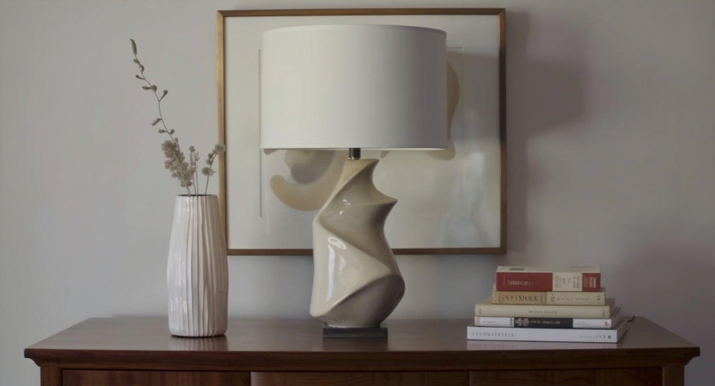 Close up of ceramic table lamp base texture with warm incandescent light