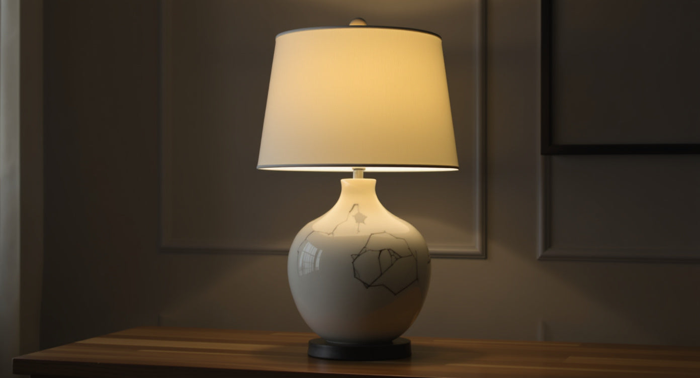 Ceramic table lamp with stoneware base and linen shade on wooden desk