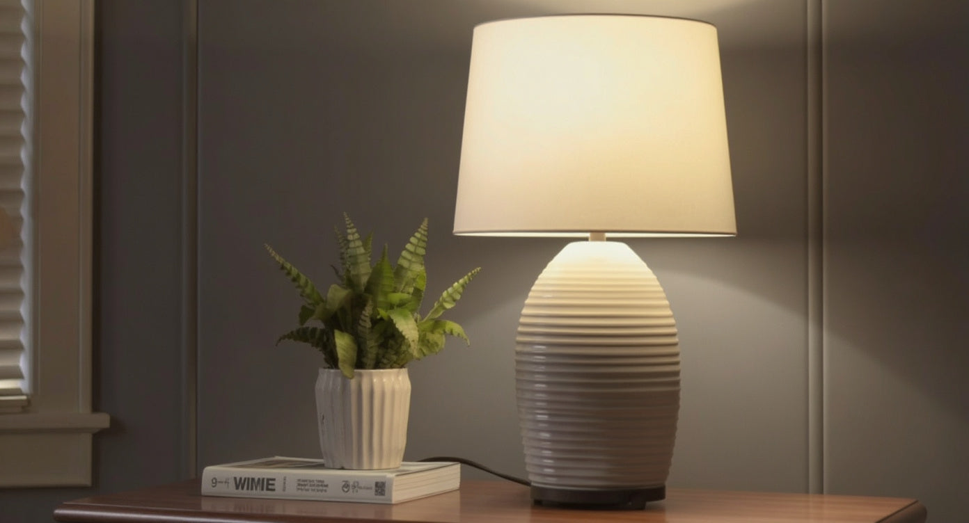 LED bulb inside a ceramic lamp shade diffusing warm ambient light