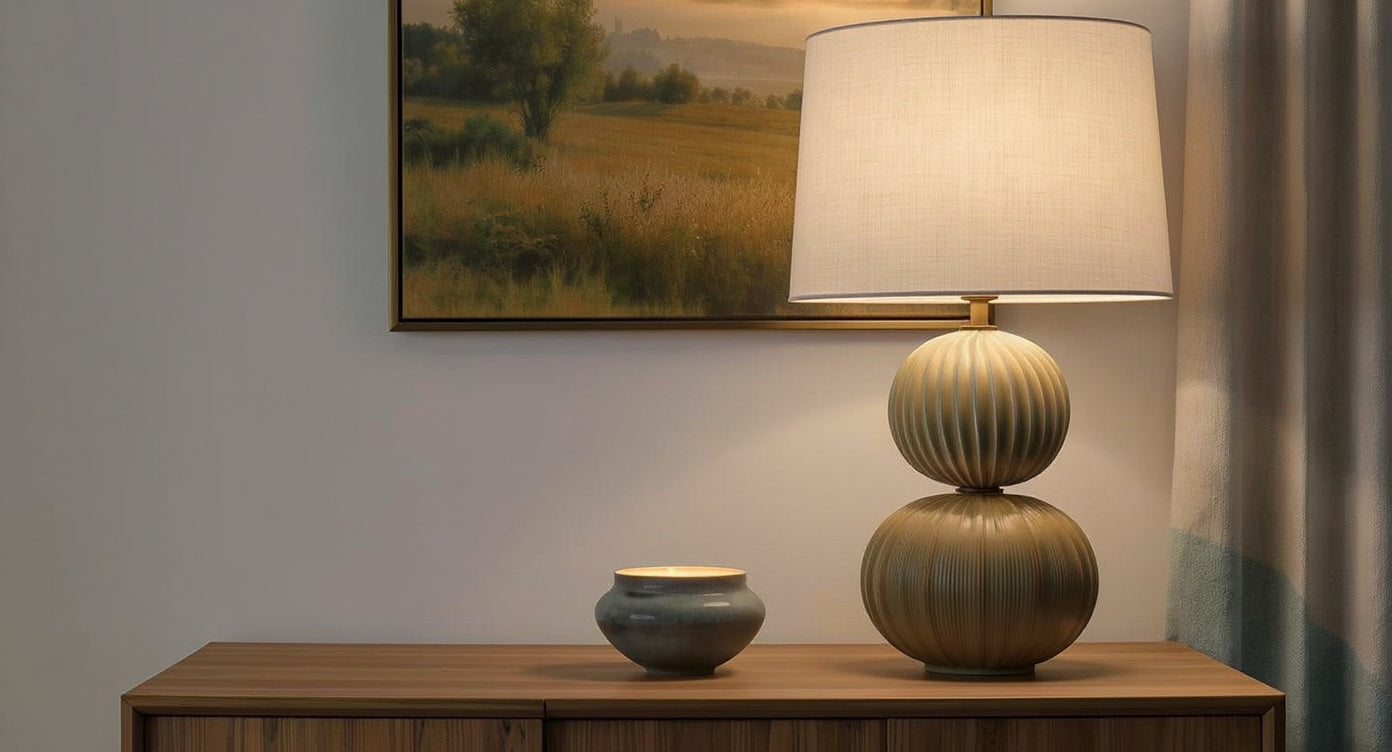 Designer table lamp size comparison in modern bedroom interior