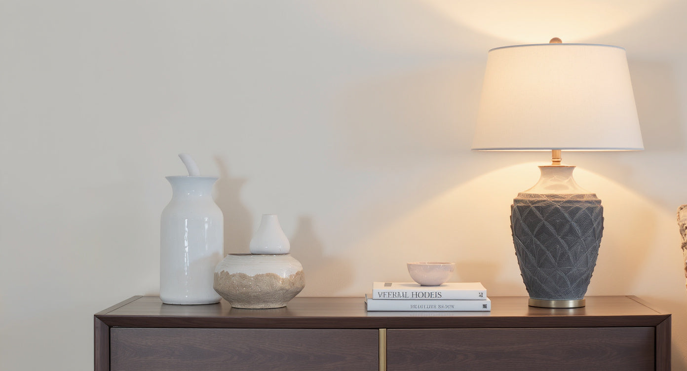 Brushed brass table lamp with warm ambient glow on side table