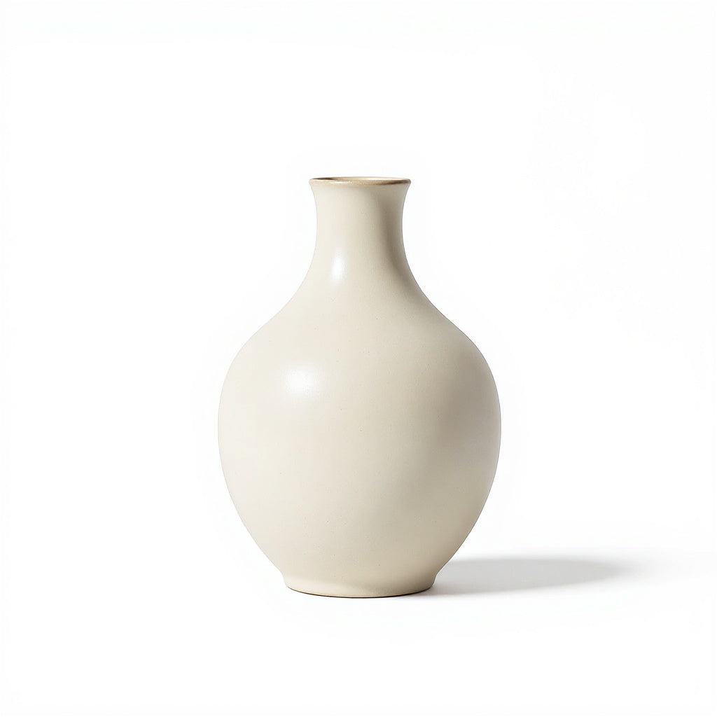 Back view of modern art table lamp showing the ceramic base and linen shade 2