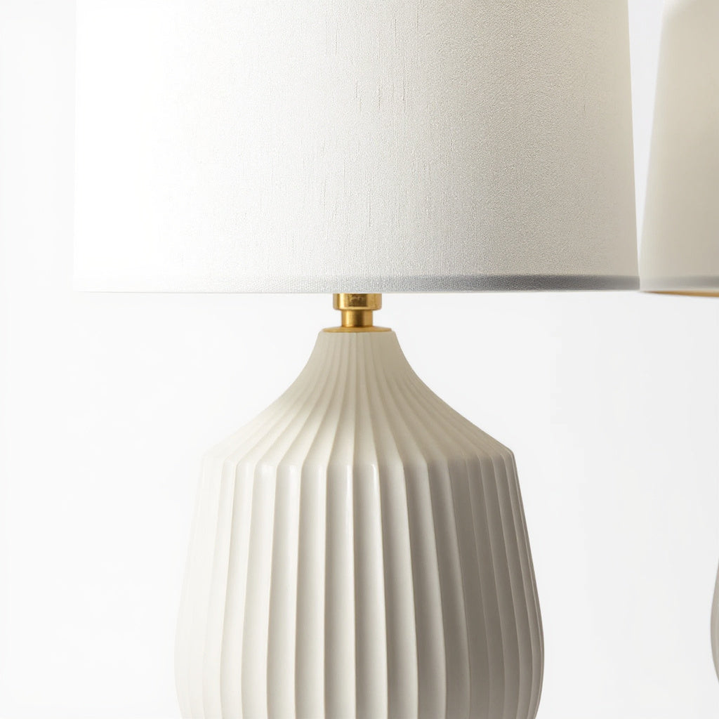 Detail Close-up alt text: Close-up of the soft white fabric shade on the Ceramic Table Lamp Set 4