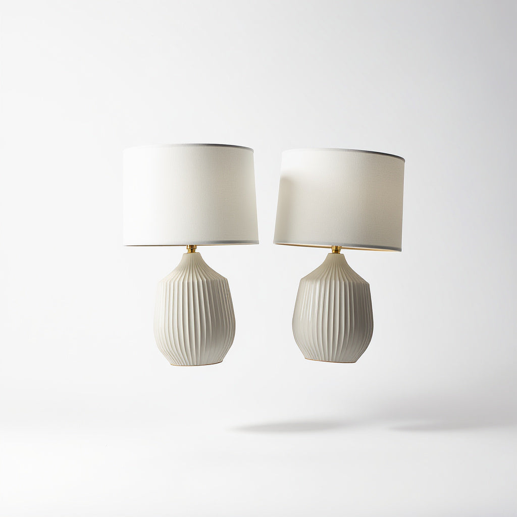 Ceramic Table Lamp Set of 2 Matching Bedside Lamps – Soft White Shade, Ivory White