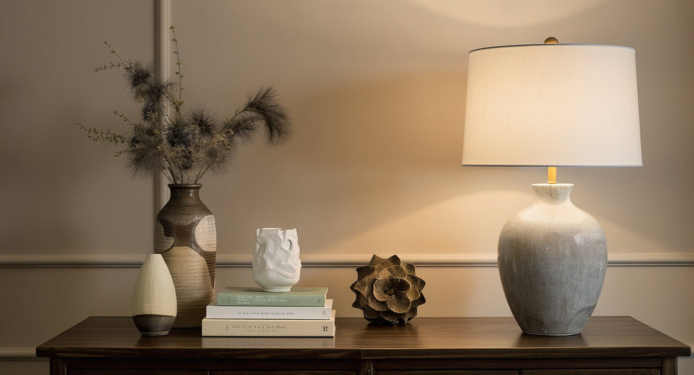 Handcrafted ceramic table lamp with matte glaze finish on natural wood surface