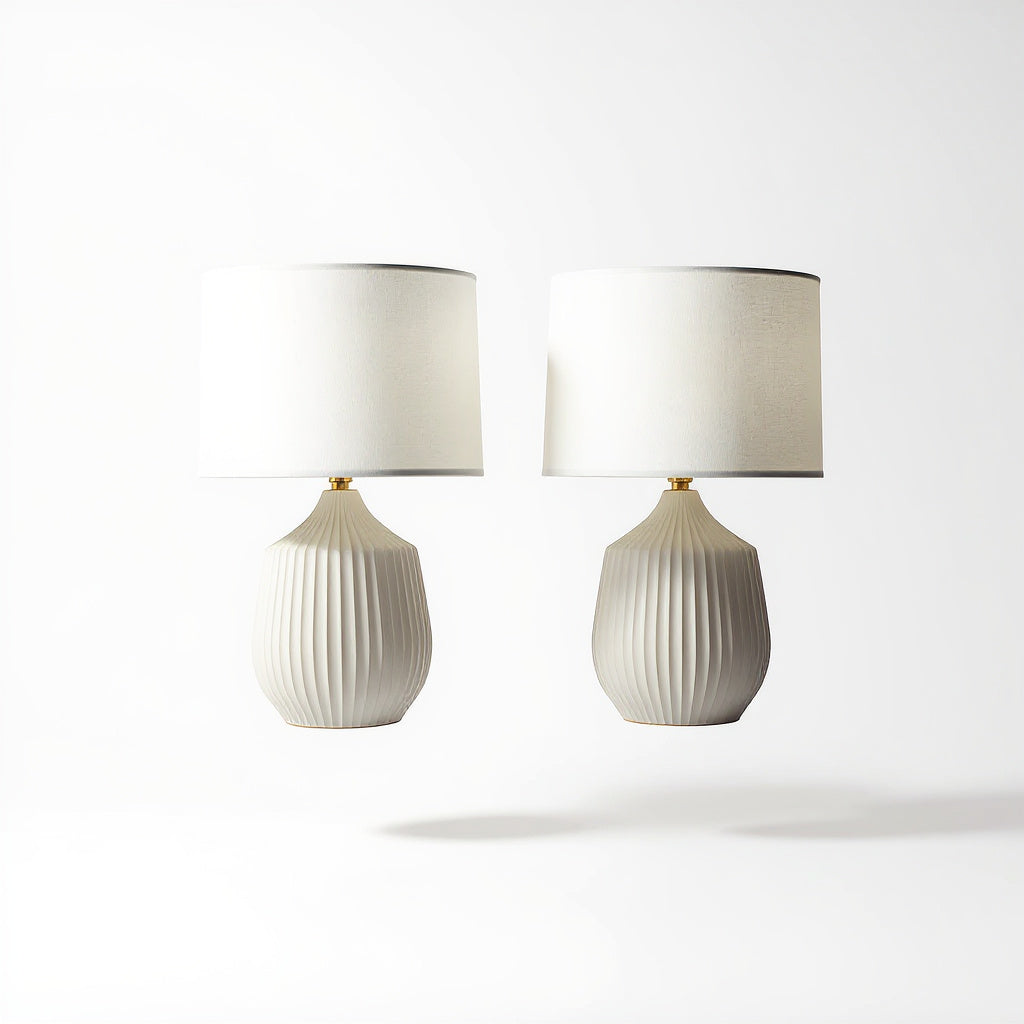 Back View alt text: Ceramic Table Lamp Set of 2 Matching Bedside Lamps showing the ceramic base in Ivory White 2