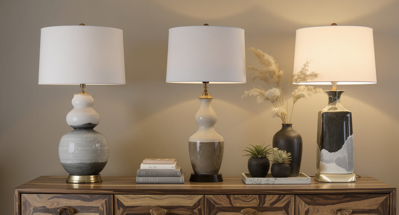 Organic sculptural table lamp with linen shade in modern living room setting